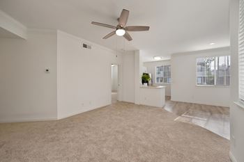 Room with a ceiling fan and carpeted floor.